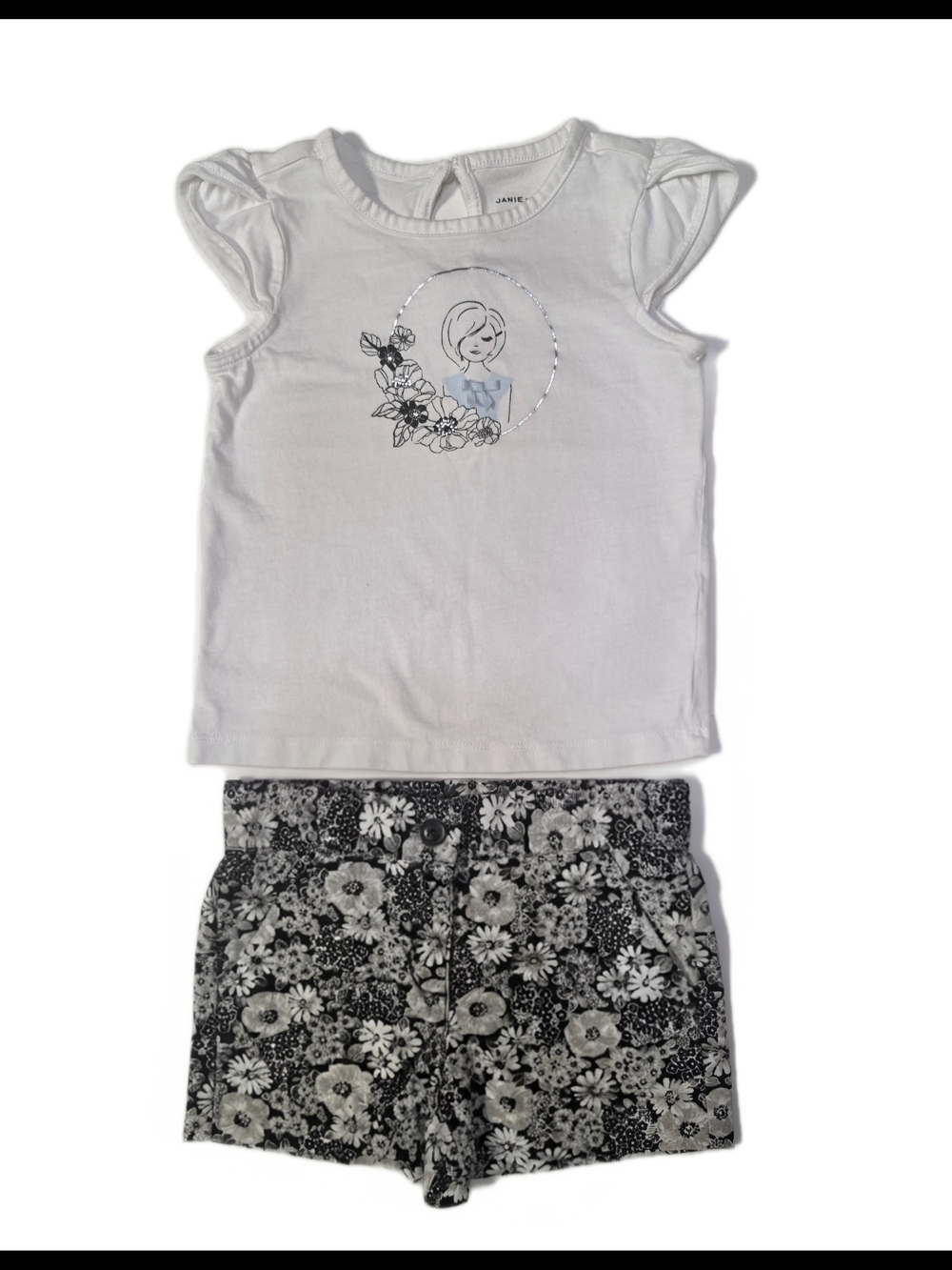 Janie & Jack Girls set Size 3 Black White Floral Top And Shorts Summer Spring